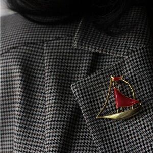 Vintage Rustic Red Gold Tone Sailboat Brooch, Retro Canoe Jewelry
